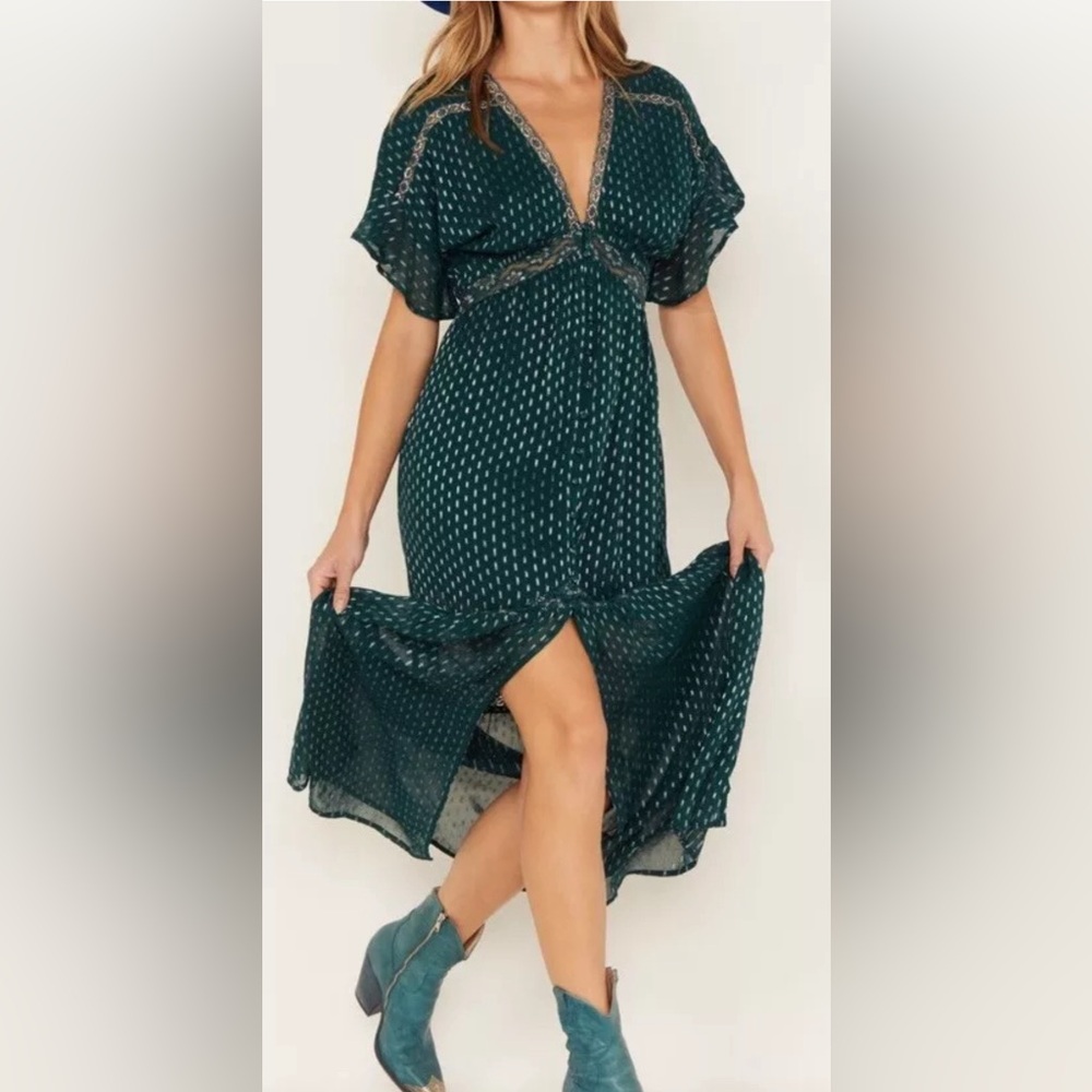 NWT Shyanne Women's Metallic Clip Dot Bohemian Dress Deep Teal, Size S